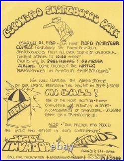 1980 Escondido Skateboard Park ASPO Contest Flyer SPACE INVADERS ASTEROIDS rare