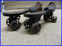 Vintage 1881 Roller Skates w Cast Iron & Wooden Wheels Brass Antique 11365